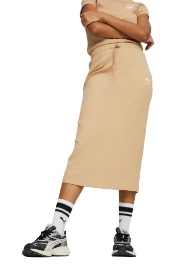 Спортивна спідниця жіноча Puma CLASSICS Ribbed Midi Skirt бежевого кольору