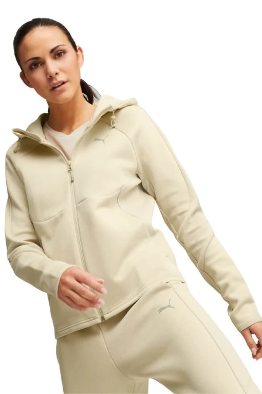 Толстовка женская Puma EVOSTRIPE Full-Zip Hoodie бежевого цвета