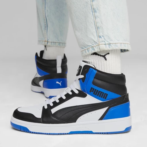 Высокие кроссовки мужские Puma Rebound v6 бело-черно-синего цвета