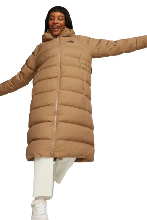 Пальто пуховое женское Puma Long Hooded Down Coat светло-коричневого цвета