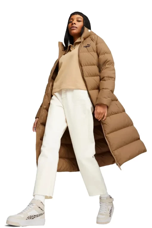Пальто пуховое женское Puma Long Hooded Down Coat светло-коричневого цвета