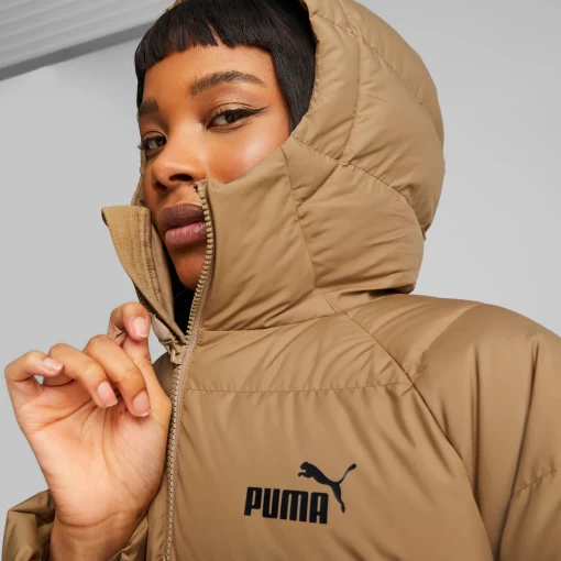 Пальто пуховое женское Puma Long Hooded Down Coat светло-коричневого цвета