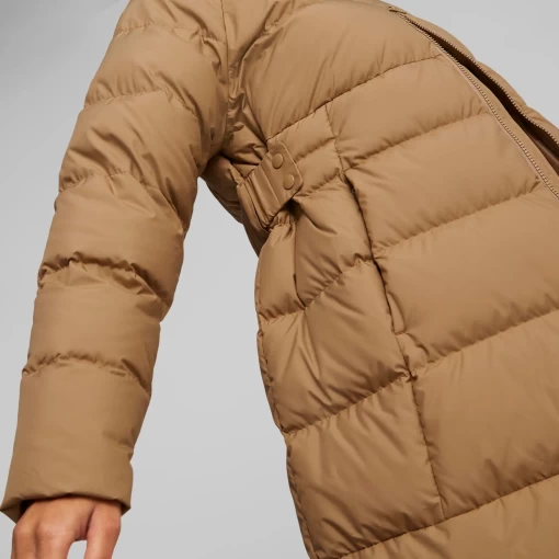 Пальто пуховое женское Puma Long Hooded Down Coat светло-коричневого цвета
