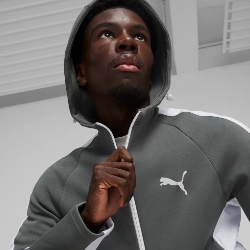 Толстовка мужская Puma EVOSTRIPE Full-Zip Hoodie серо-белого цвета