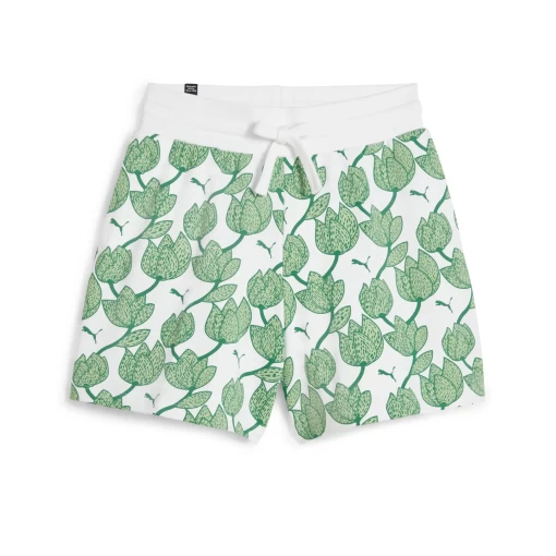 Спортивные шорты женские Puma BLOSSOM AOP Shorts TR бело-зеленого цвета